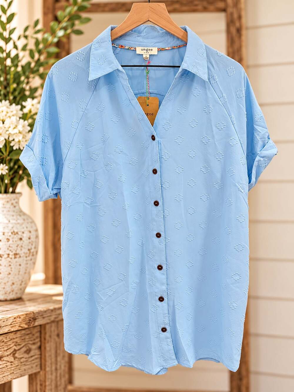 NWT Umgee Boutique Short Sleeve Button Down Shirt Blouse Top  Sz L